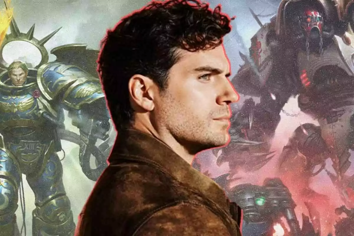Hombre de perfil con chaqueta marrón al frente de un fondo de personajes de ciencia ficción y armaduras futuristas Hombre de perfil con chaqueta marrón al frente de un fondo de personajes de ciencia ficción y armaduras futuristas