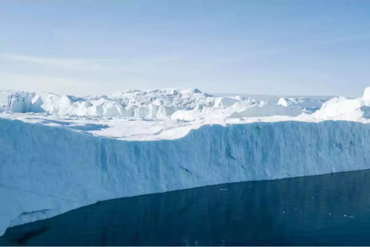 Un vasto glaciar se extiende sobre el océano bajo un cielo despejado.