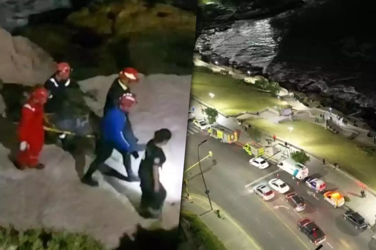 Un grupo de rescatistas con cascos rojos y uniformes de diferentes colores camina por un terreno rocoso mientras llevan una camilla; a la derecha, una vista aérea muestra vehículos de emergencia estacionados cerca de una costa iluminada por luces artificiales.