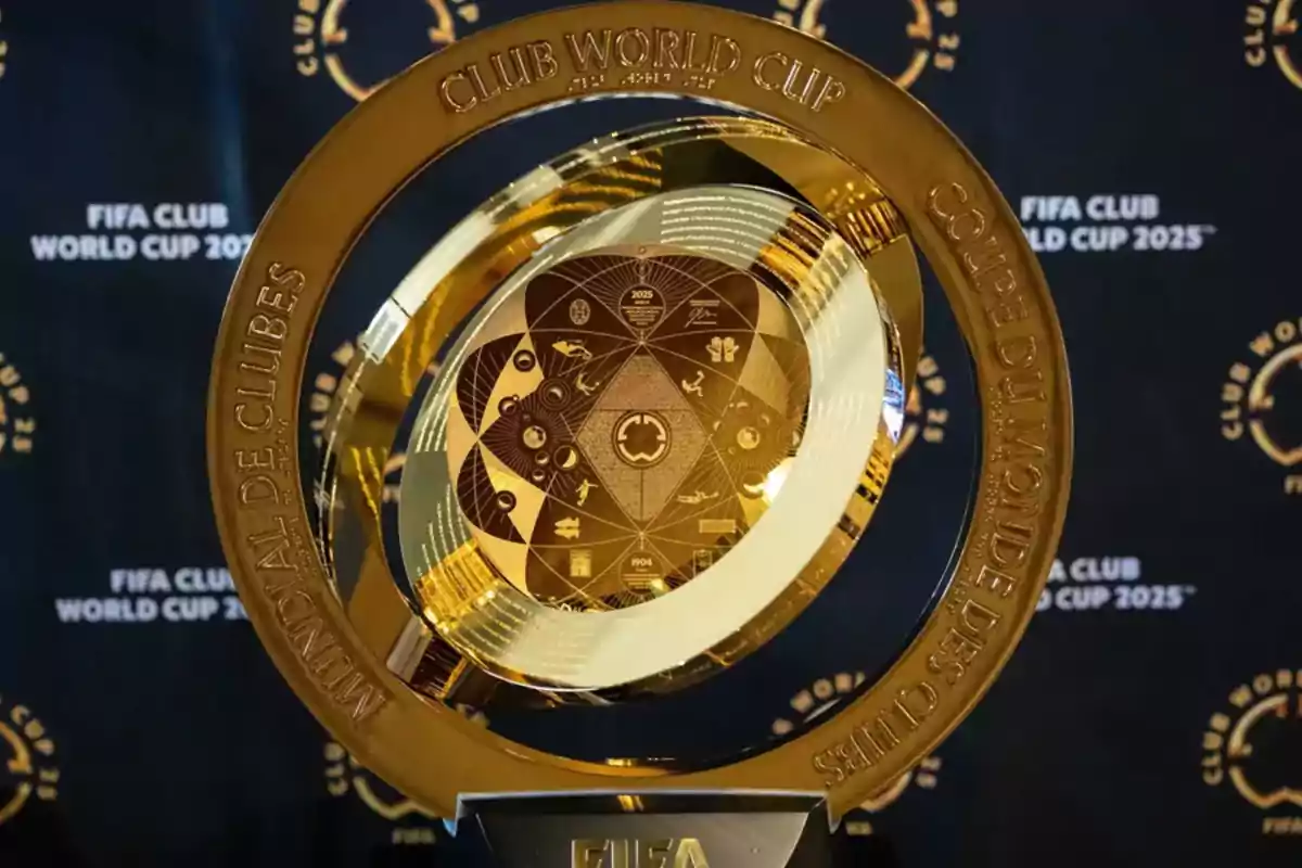 FIFA Club World Cup 2025 trophy with a golden design and intricate details in the center.