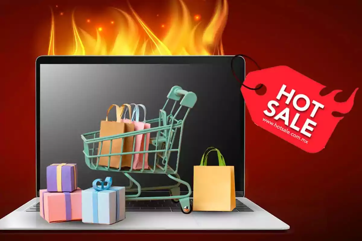 A laptop with a shopping cart and gift bags on the screen, surrounded by flames and a red tag that says A laptop with a shopping cart and gift bags on the screen, surrounded by flames and a red tag that says