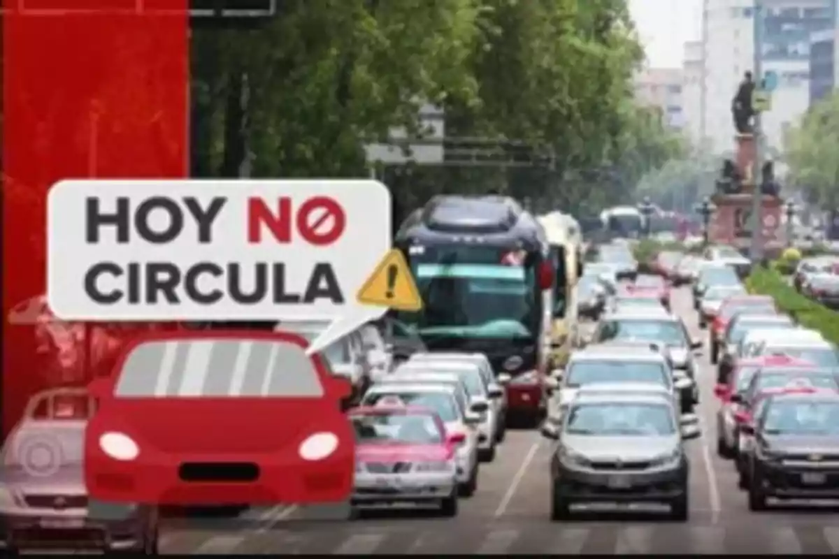 Imagen de una calle con tráfico denso y un gráfico que muestra un auto rojo con un mensaje de restricción vehicular.