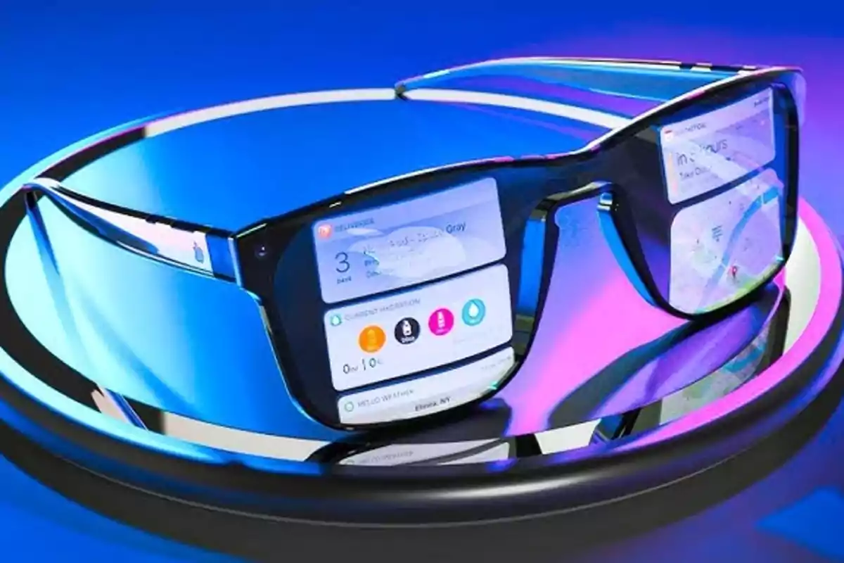 Unas gafas inteligentes con pantallas digitales reflejadas en un fondo azul y púrpura.