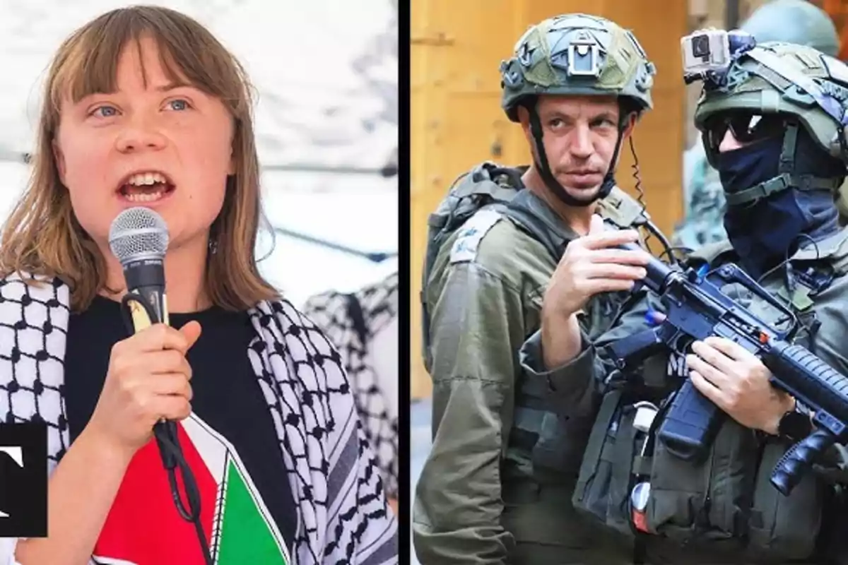 A young woman with a microphone and a Palestinian scarf appears on the left, while on the right there are two soldiers in military uniforms and tactical gear.