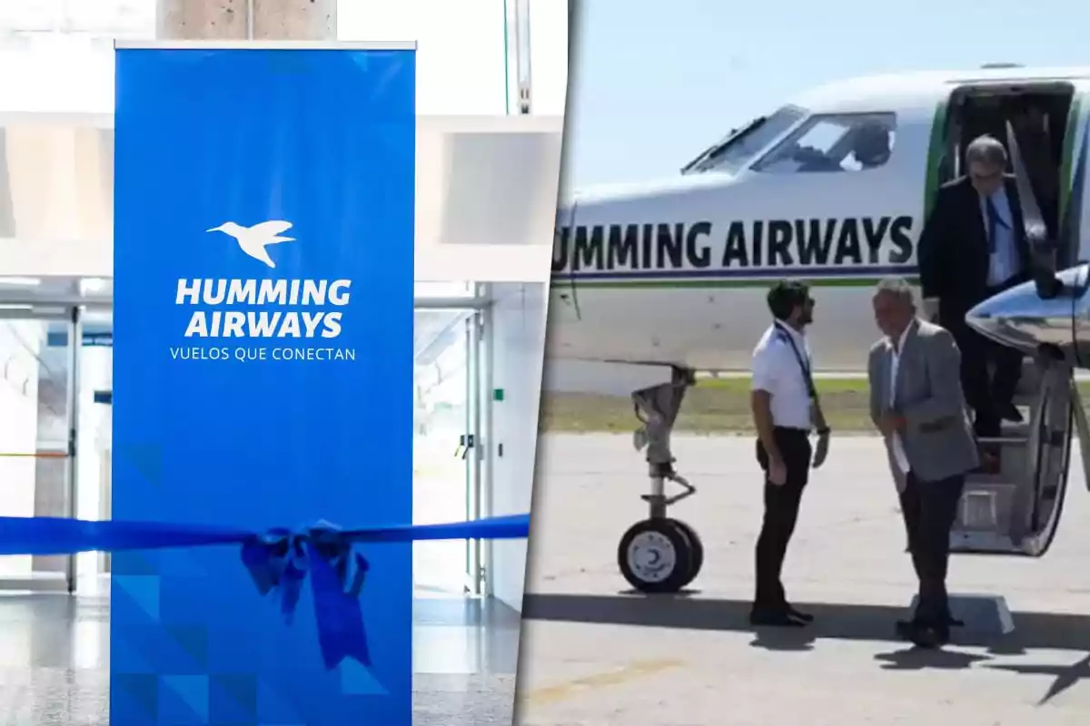 Un cartel azul de Humming Airways con el lema "Vuelos que conectan" junto a un avión de la misma aerolínea en el que personas están desembarcando.