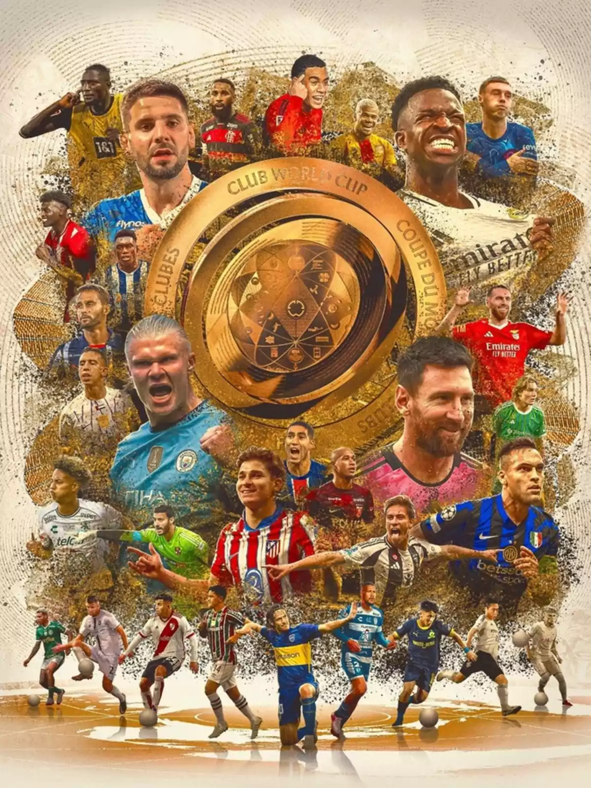 Soccer players from various teams around a Club World Cup trophy. Soccer players from various teams around a Club World Cup trophy.