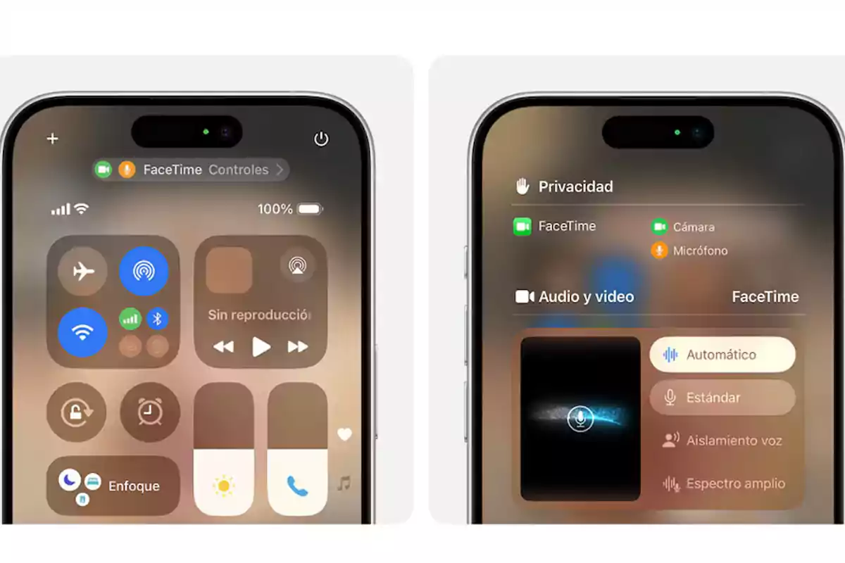 Pantallas de un dispositivo móvil mostrando el centro de control y opciones de privacidad y audio en FaceTime. Pantallas de un dispositivo móvil mostrando el centro de control y opciones de privacidad y audio en FaceTime.