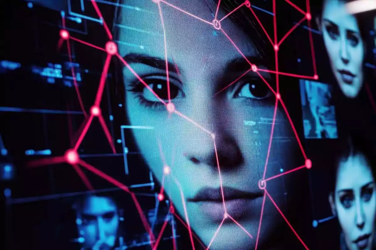 Rostro de una mujer en una pantalla digital con líneas y nodos rojos superpuestos, representando tecnología de reconocimiento facial. Rostro de una mujer en una pantalla digital con líneas y nodos rojos superpuestos, representando tecnología de reconocimiento facial.
