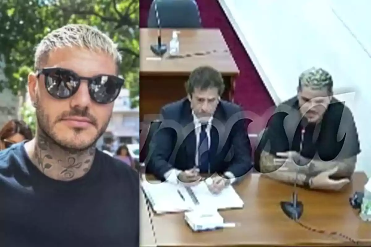 Mauro Icardi con gafas de sol y tatuajes en el cuello a la izquierda y una escena de una reunión o juicio con dos personas sentadas a la derecha.