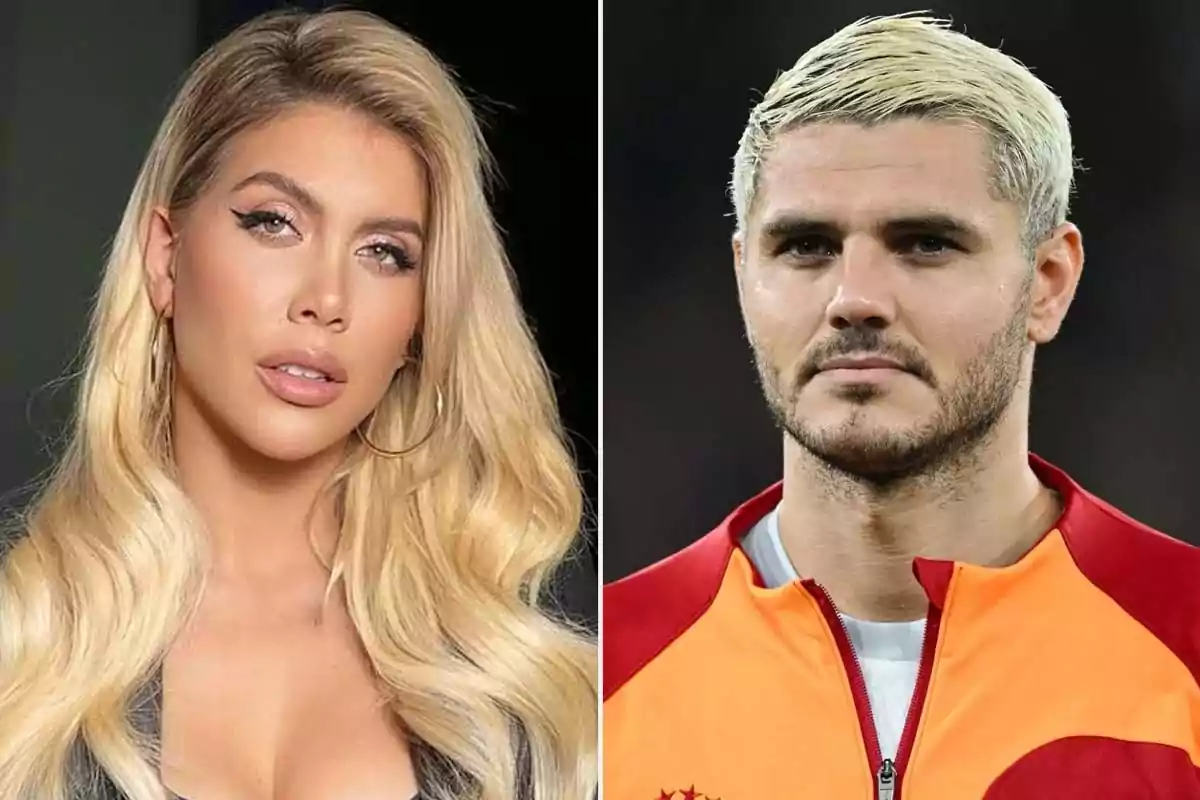 Dos personas posando en un montaje de fotos lado a lado, una mujer con cabello rubio (Wanda Nara) y un hombre con cabello corto y rubio (Mauro Icardi).