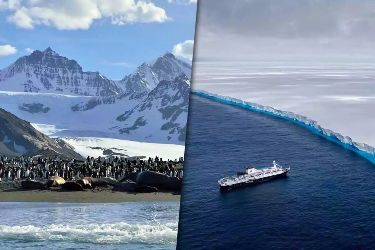 Una imagen dividida muestra a la izquierda un paisaje nevado con montañas, pingüinos y focas en la costa, y a la derecha un barco navegando cerca de un gran iceberg en el océano.