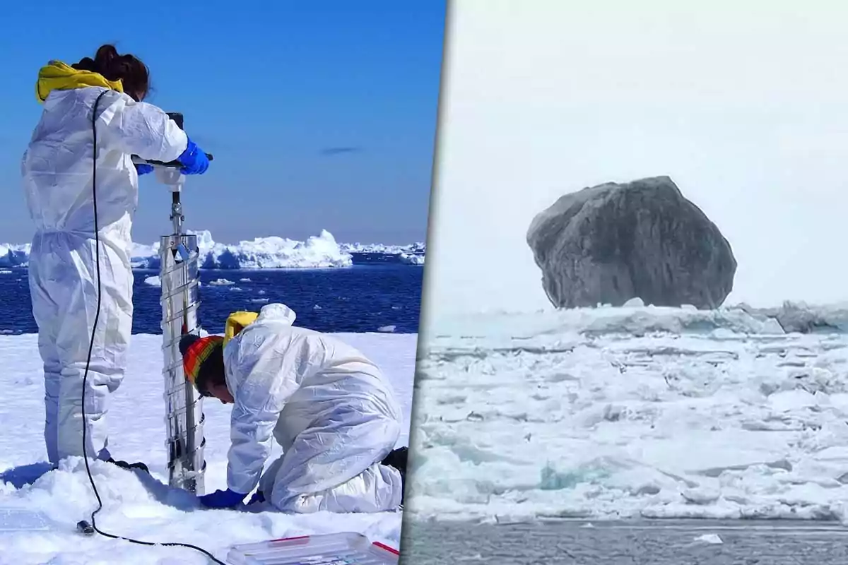 Dos personas con trajes protectores trabajan en el hielo cerca del mar mientras en la otra mitad de la imagen se observa una gran roca sobre una superficie helada