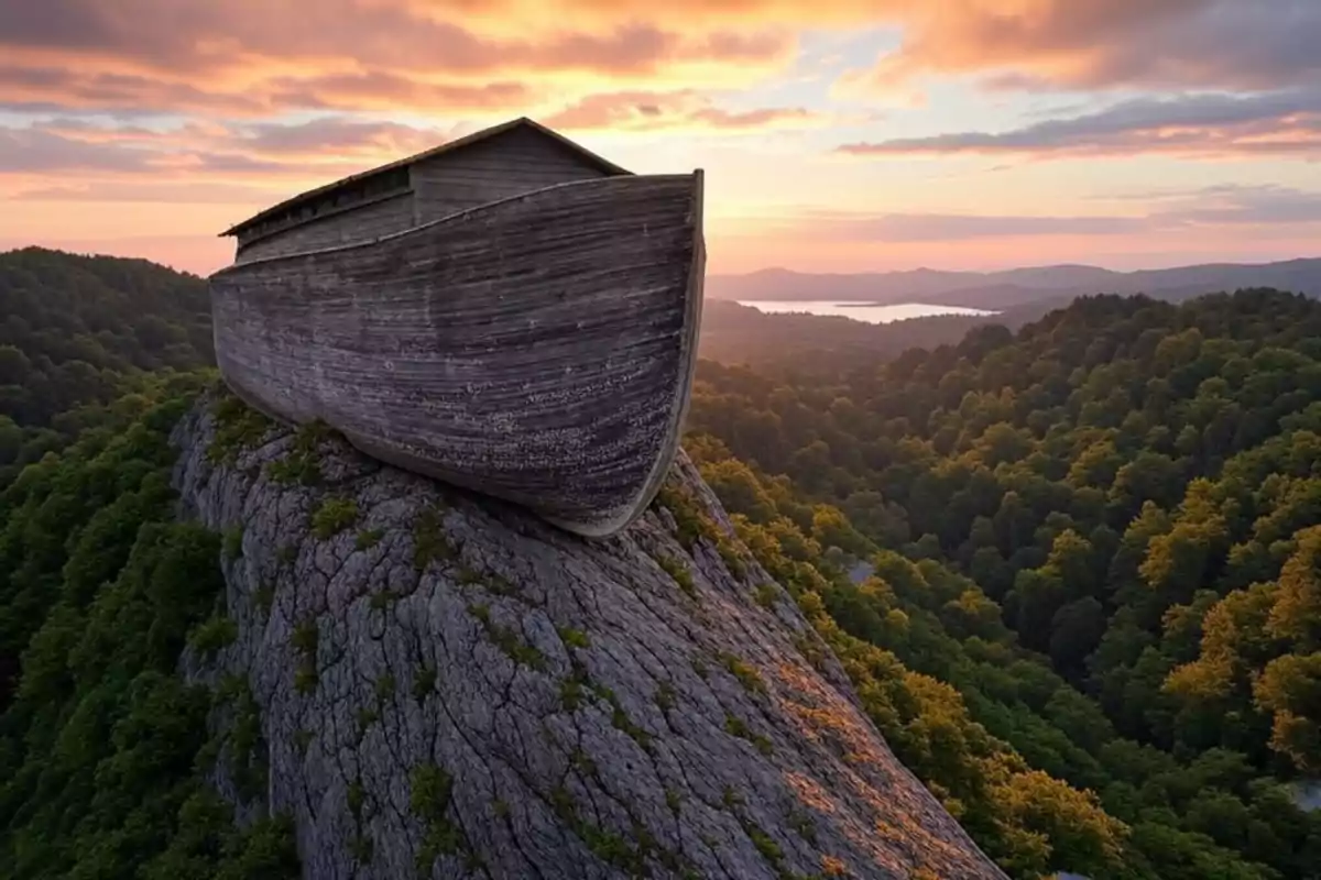 Un arca de madera descansa sobre una cima rocosa rodeada de un paisaje montañoso y un cielo al atardecer.