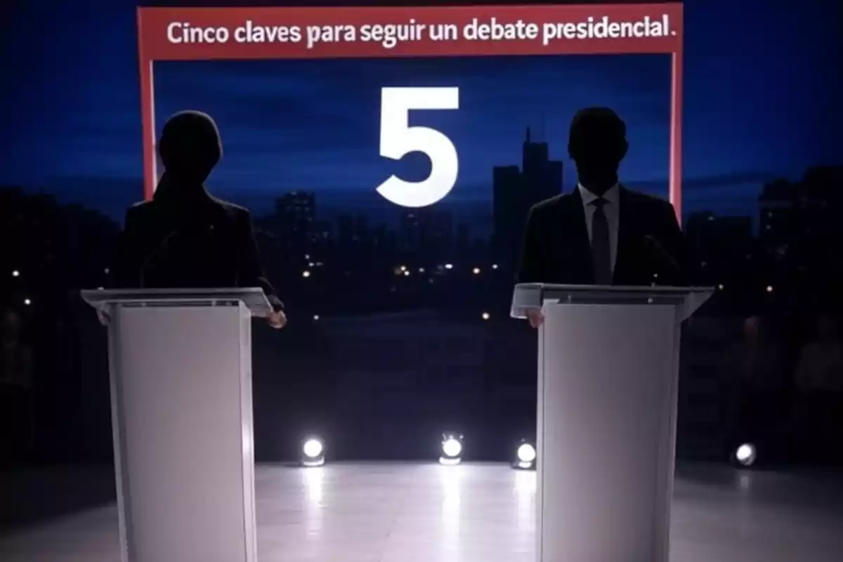 Dos personas de pie detrás de atriles en un escenario oscuro con un fondo que muestra un número cinco y un texto sobre claves para seguir un debate presidencial.