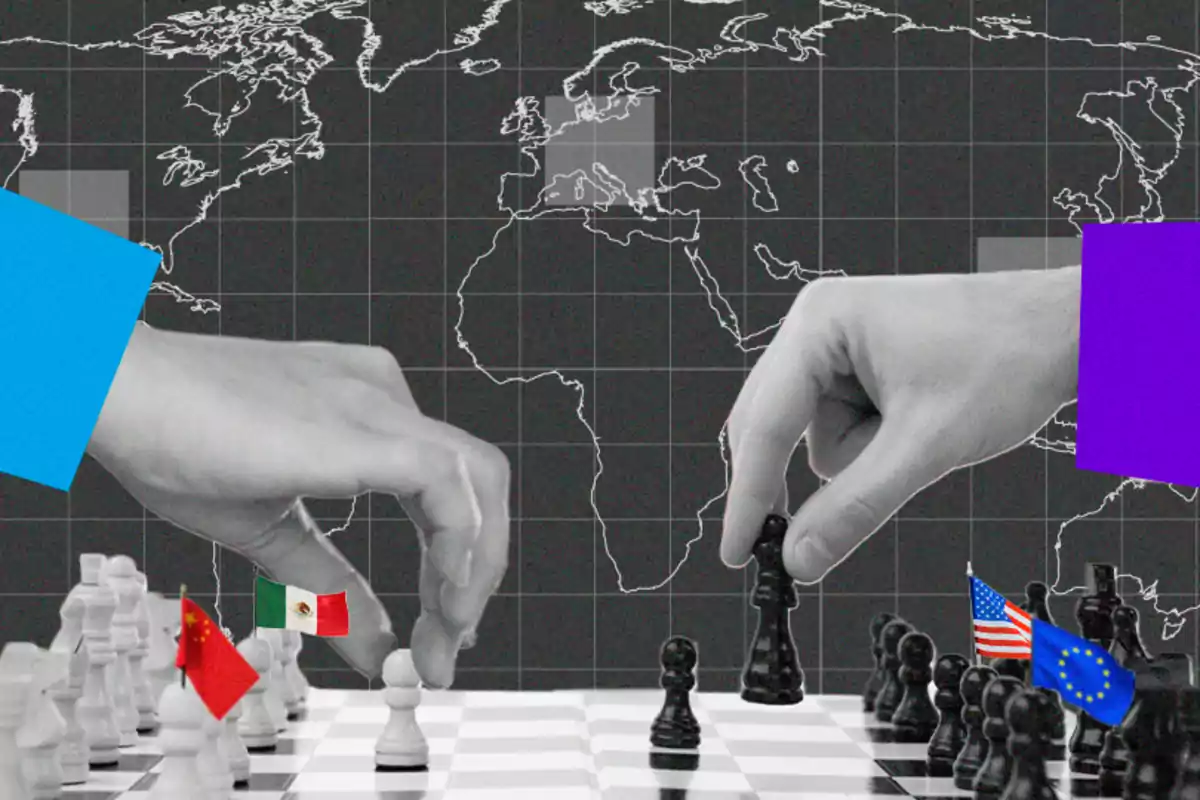 Two hands moving chess pieces on a board, with flags of various countries and a world map in the background.