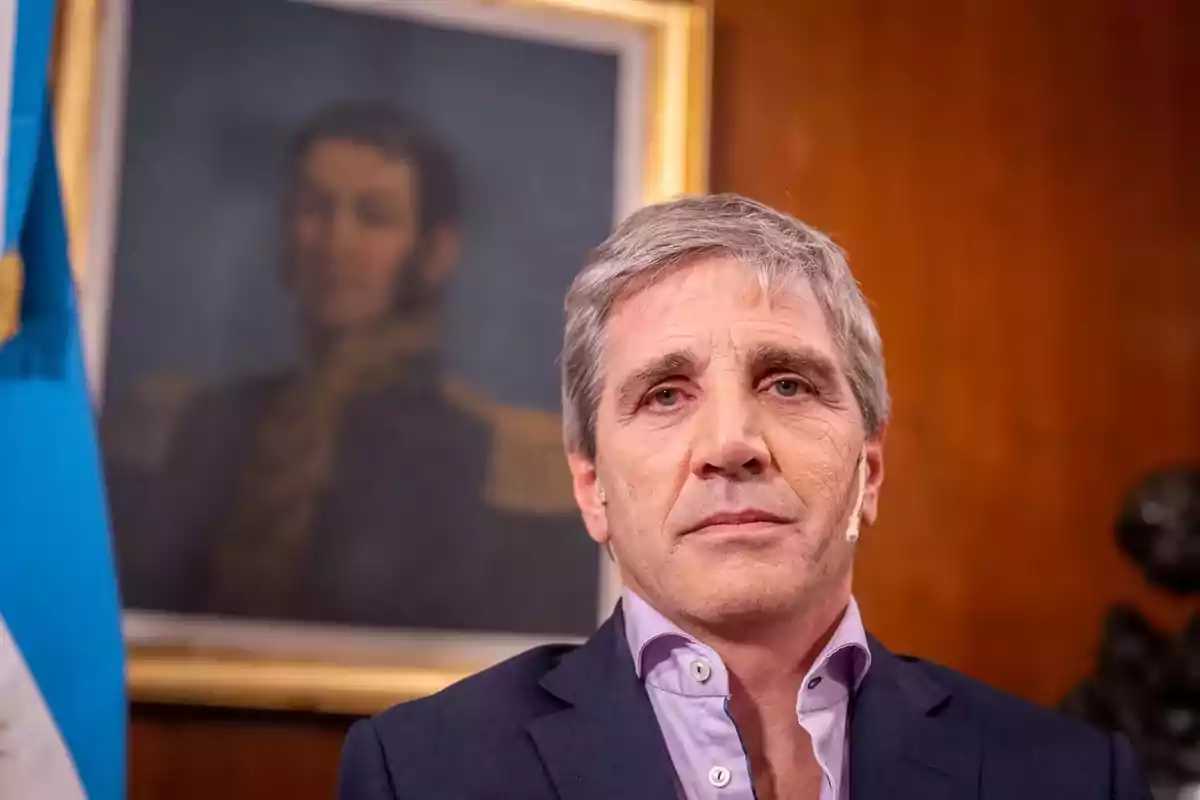 Un hombre de cabello canoso y traje oscuro está frente a un retrato enmarcado y una bandera.