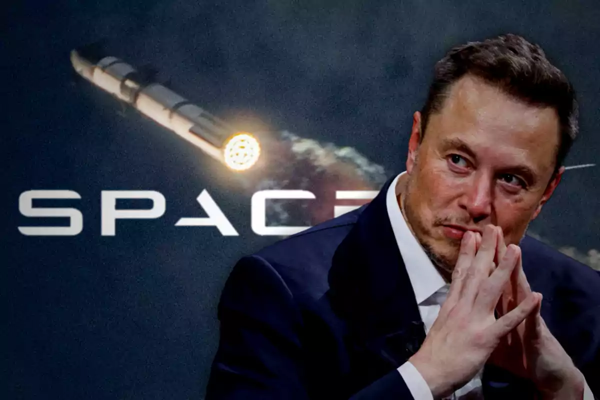 Un hombre pensativo con las manos juntas frente a un fondo que muestra un cohete y el logotipo de SpaceX.