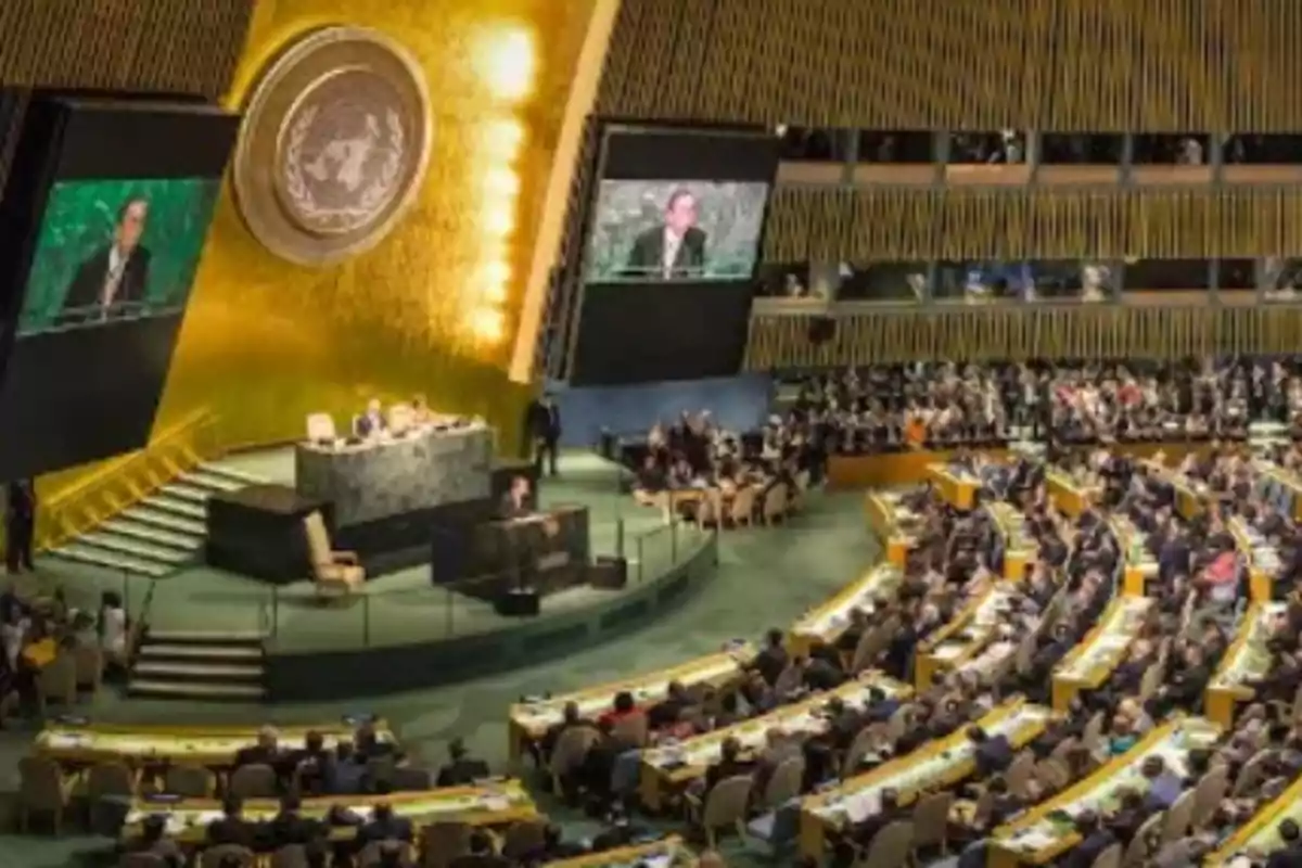 Una reunión en el salón de la Asamblea General de las Naciones Unidas con delegados sentados y un orador en el podio.