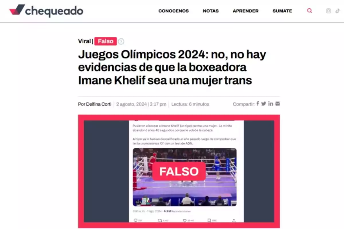 Captura de pantalla de un artículo de Chequeado que desmiente un rumor sobre la boxeadora Imane Khelif en los Juegos Olímpicos 2024, indicando que no hay evidencias de que sea una mujer trans.