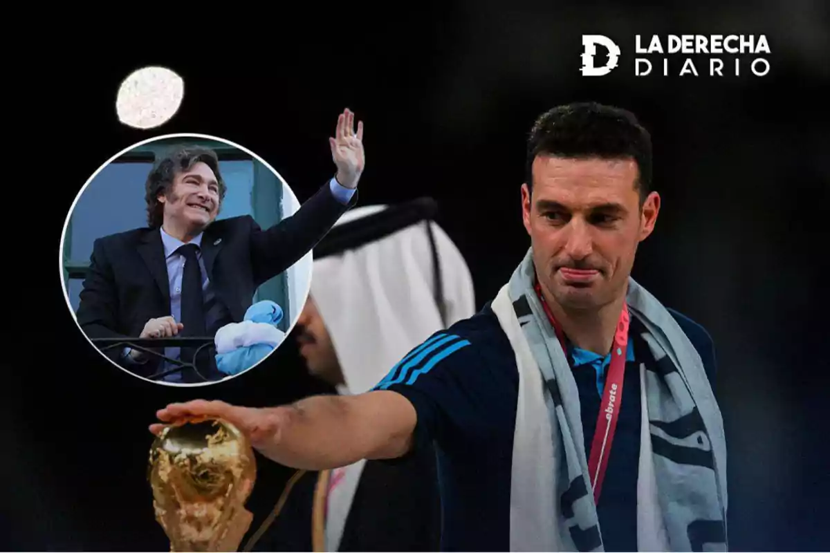 Un hombre con una bufanda y medalla observa la Copa del Mundo mientras en un recuadro aparece otro hombre saludando sonriente; en la esquina superior derecha está el logo de "La Derecha Diario".