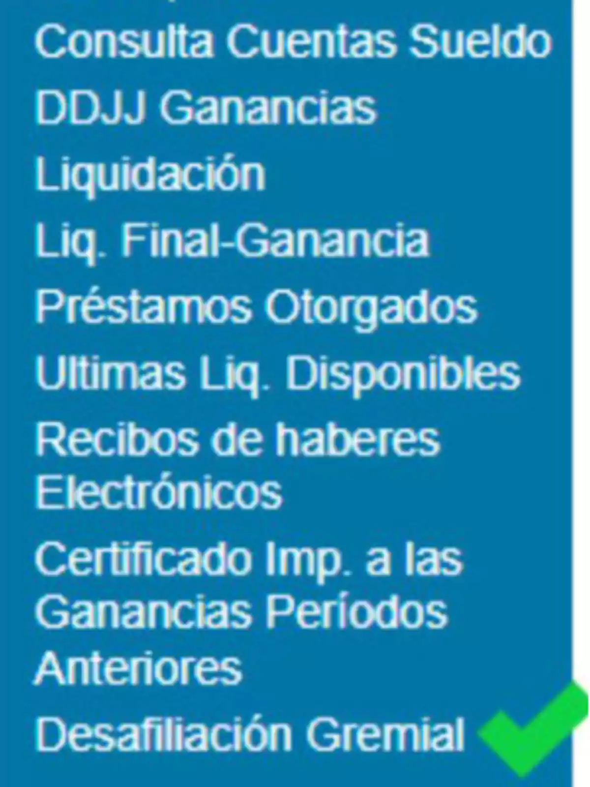 Opciones de menú en un sistema de gestión financiera que incluyen consulta de cuentas sueldo, declaraciones juradas de ganancias, liquidación, préstamos otorgados, recibos electrónicos y desafiliación gremial. Opciones de menú en un sistema de gestión financiera que incluyen consulta de cuentas sueldo, declaraciones juradas de ganancias, liquidación, préstamos otorgados, recibos electrónicos y desafiliación gremial.