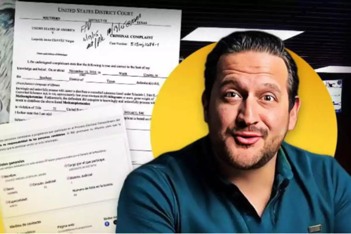 Un hombre con expresión facial animada aparece sobre un fondo amarillo, junto a documentos legales y formularios.