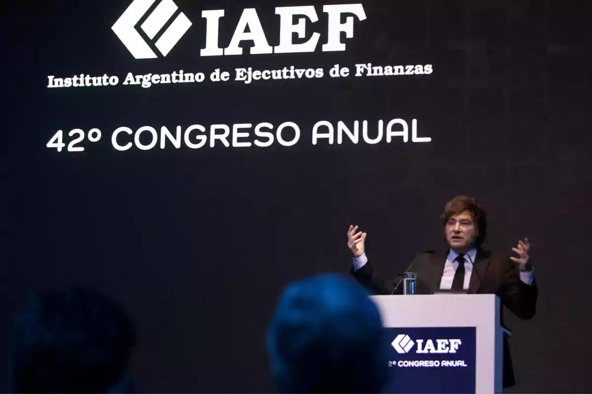 Un orador en un podio durante el 42º Congreso Anual del Instituto Argentino de Ejecutivos de Finanzas.
