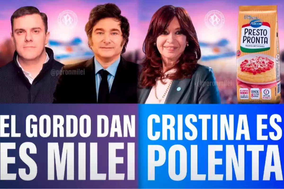 Tres personas posan frente a un fondo desenfocado, junto a un paquete de polenta y textos grandes que hacen referencia a figuras políticas argentinas.