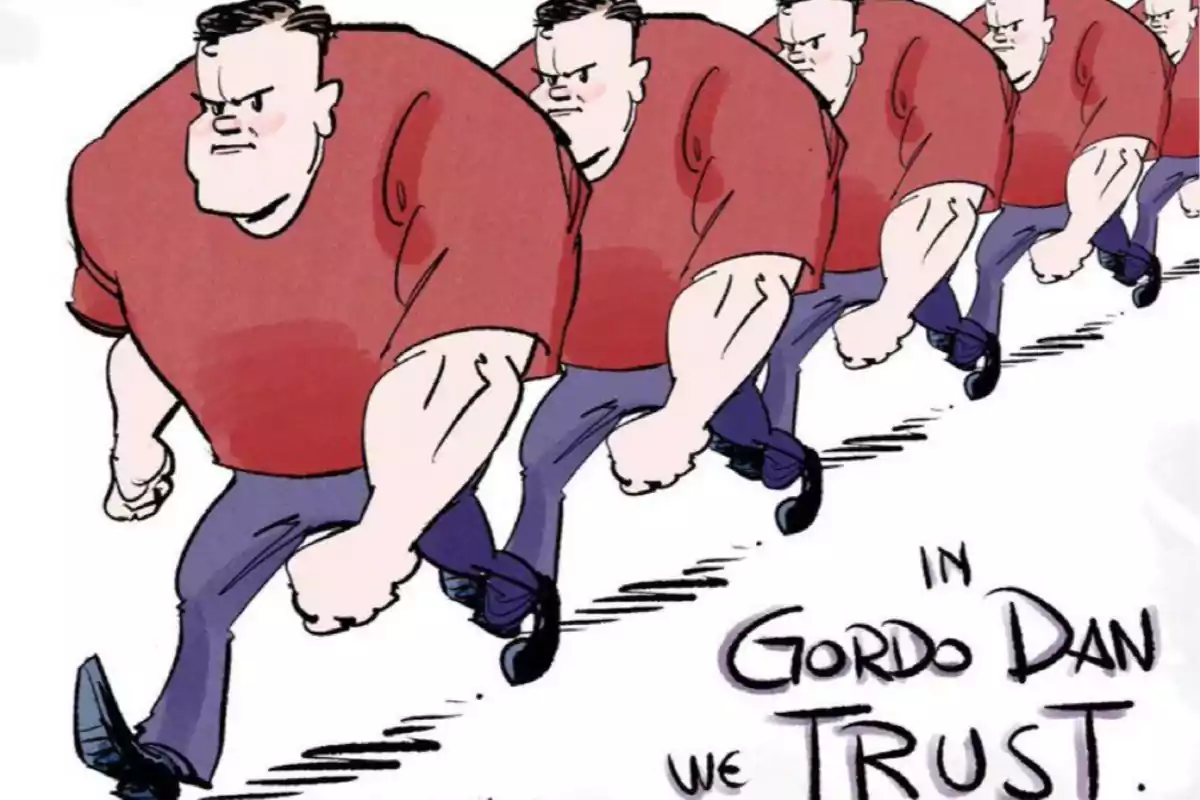 Dibujo de varios hombres musculosos idénticos marchando con expresión seria y camiseta roja, acompañado del texto Dibujo de varios hombres musculosos idénticos marchando con expresión seria y camiseta roja, acompañado del texto