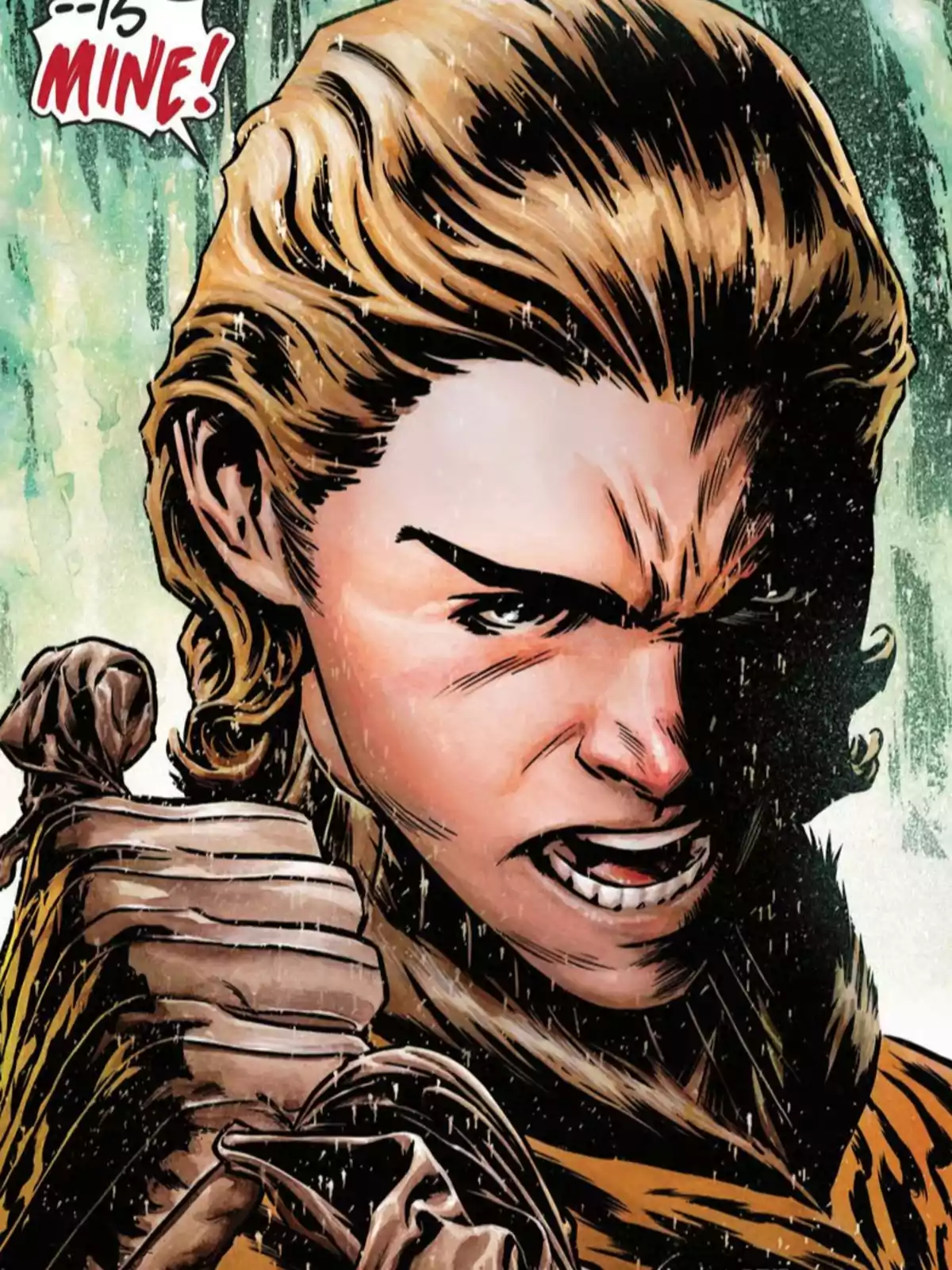 Comic character with an angry expression and a raised fist under the rain