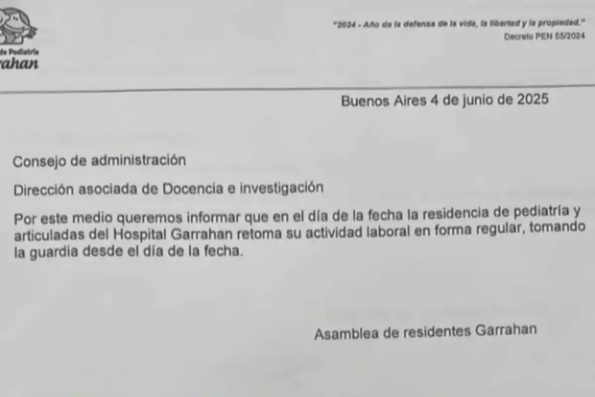 Official statement from Garrahan Hospital dated June 4, 2025, announcing that the pediatrics residency and related areas are resuming their regular work activities and on-call duties.
