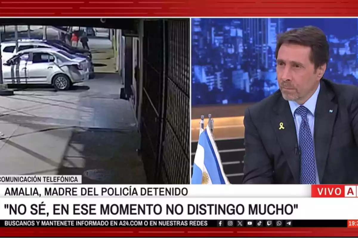 Pantalla dividida de un noticiero argentino mostrando a la izquierda una imagen de una cámara de seguridad en la vía pública y a la derecha a un periodista en el estudio con banderas argentinas, junto a un cintillo informativo sobre una madre hablando de su hijo policía detenido