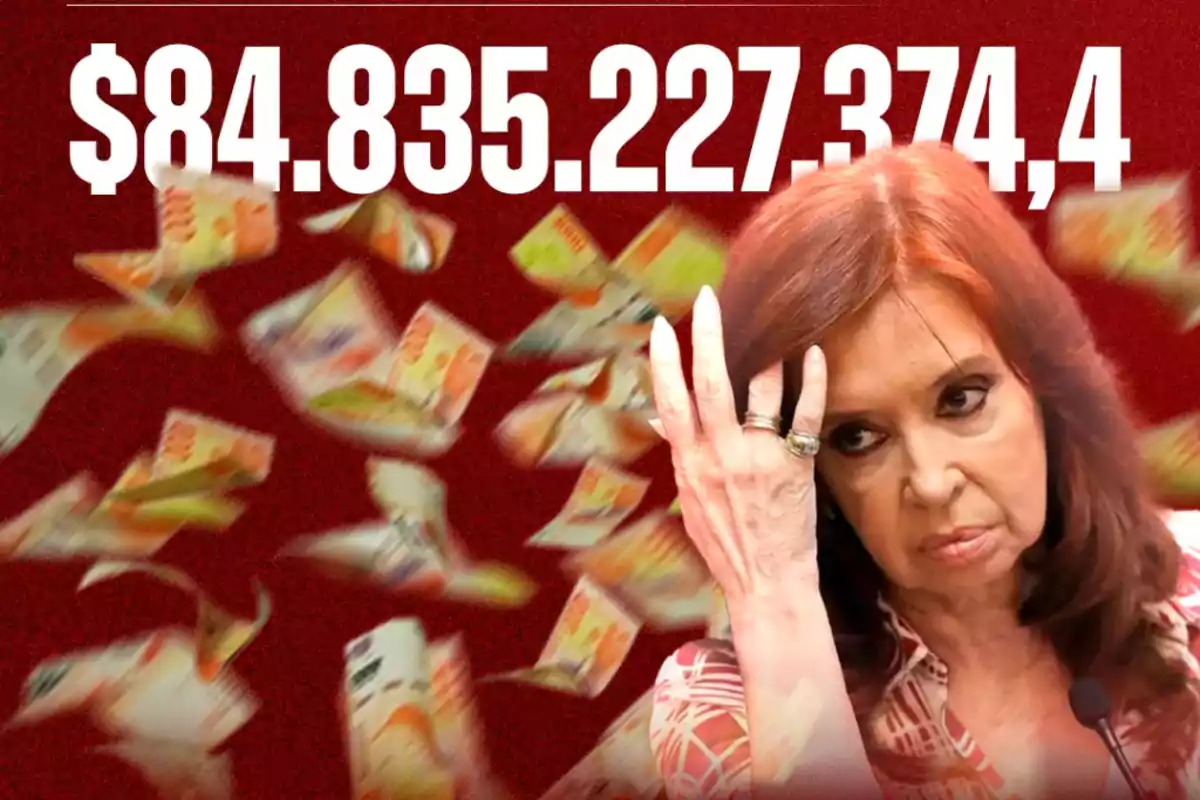 Mujer de cabello rojizo con gesto serio al frente de un fondo rojo con billetes volando y una cifra grande en blanco arriba