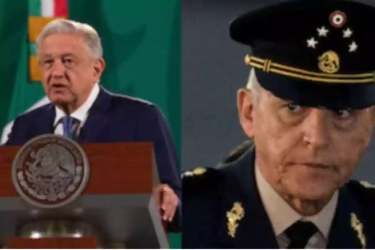 Two men in formal uniform, one speaking at a podium and the other in military uniform.