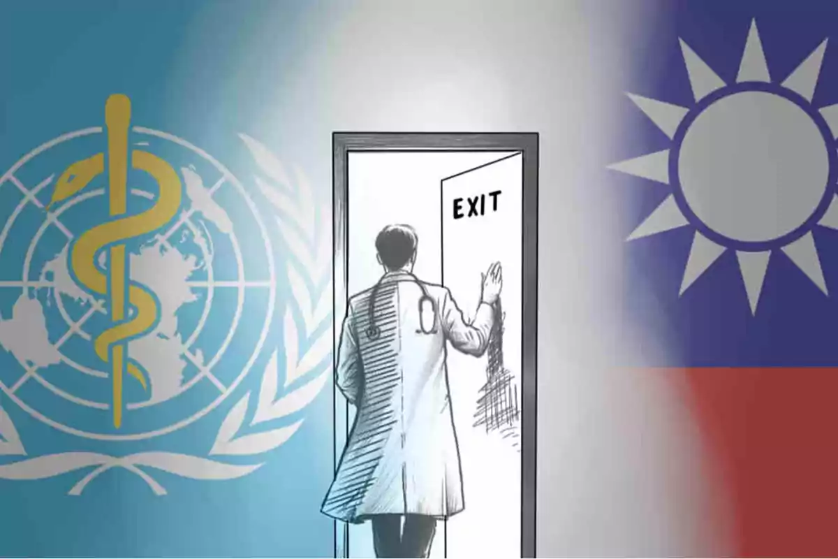 A doctor with his back turned walks out through a door marked "exit" between the WHO symbols and the flag of Taiwan.