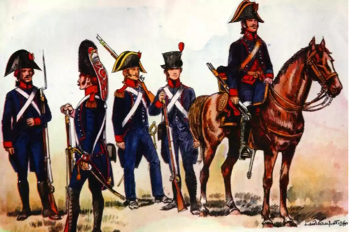 Ilustración de varios soldados con uniformes históricos y un jinete montado en un caballo