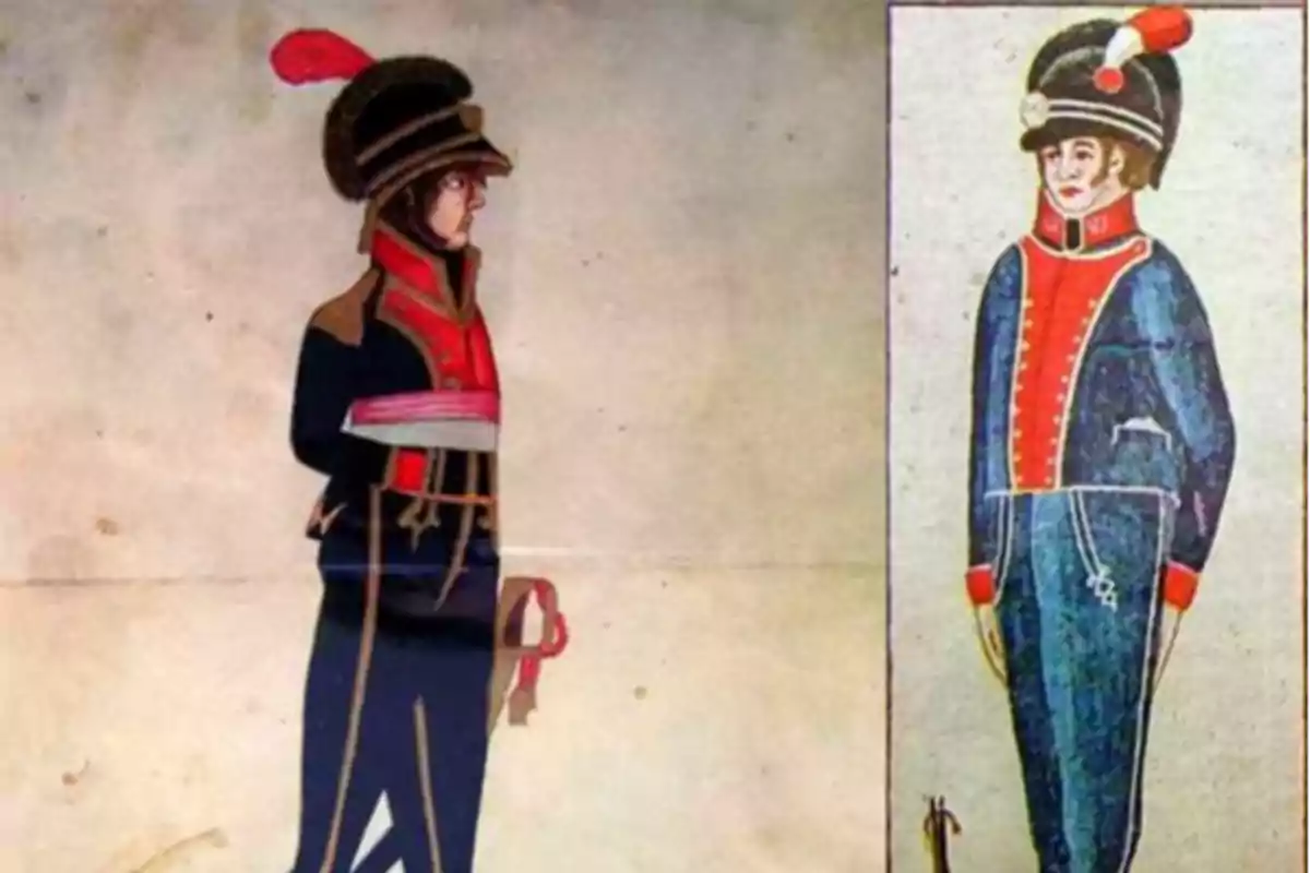 Ilustraciones antiguas de dos soldados con uniformes militares históricos en colores azul, rojo y dorado, ambos con sombrero adornado con pluma roja Ilustraciones antiguas de dos soldados con uniformes militares históricos en colores azul, rojo y dorado, ambos con sombrero adornado con pluma roja