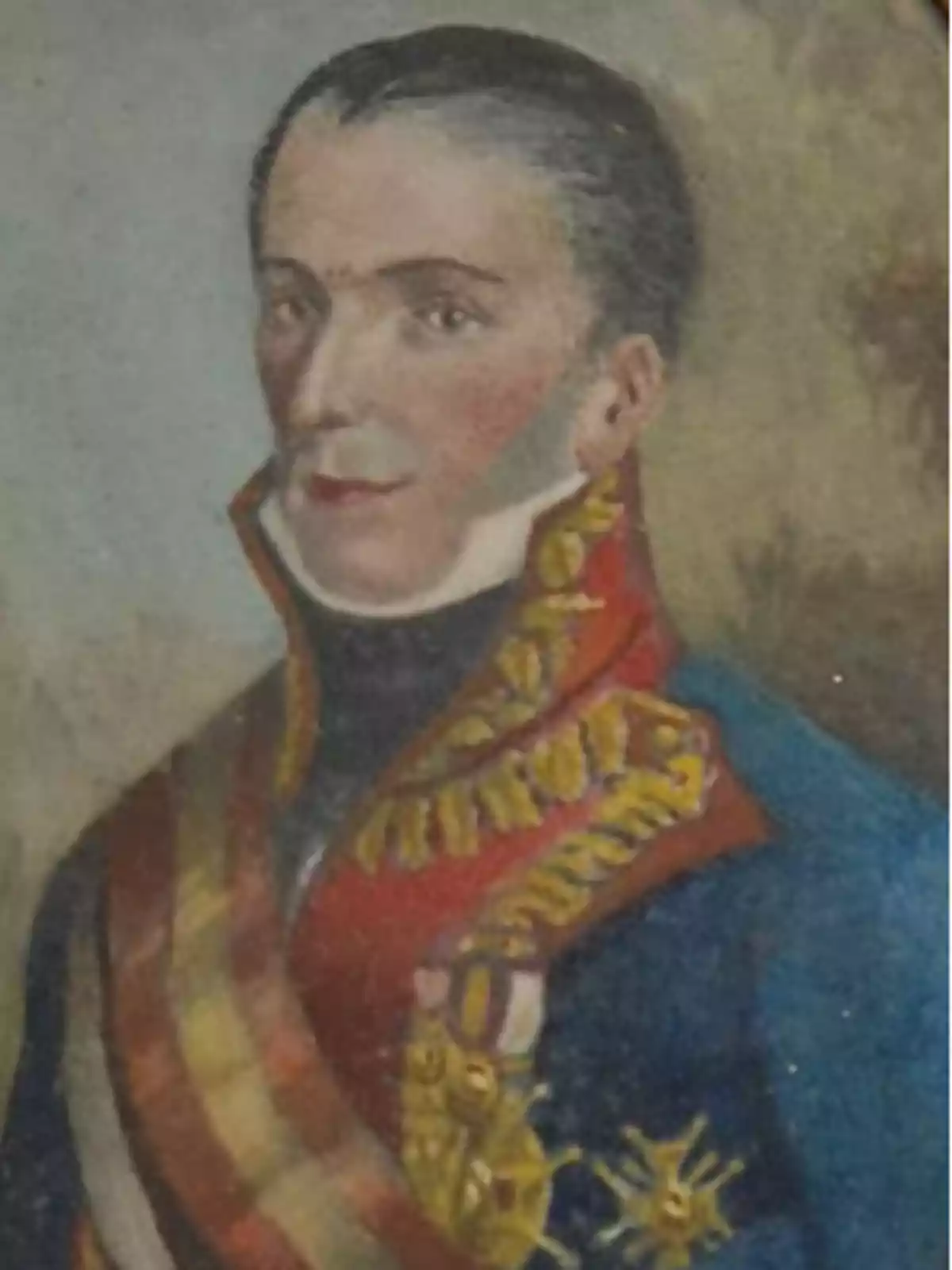 Portrait of a man in a blue military uniform adorned with medals and a red and yellow sash. Portrait of a man in a blue military uniform adorned with medals and a red and yellow sash.