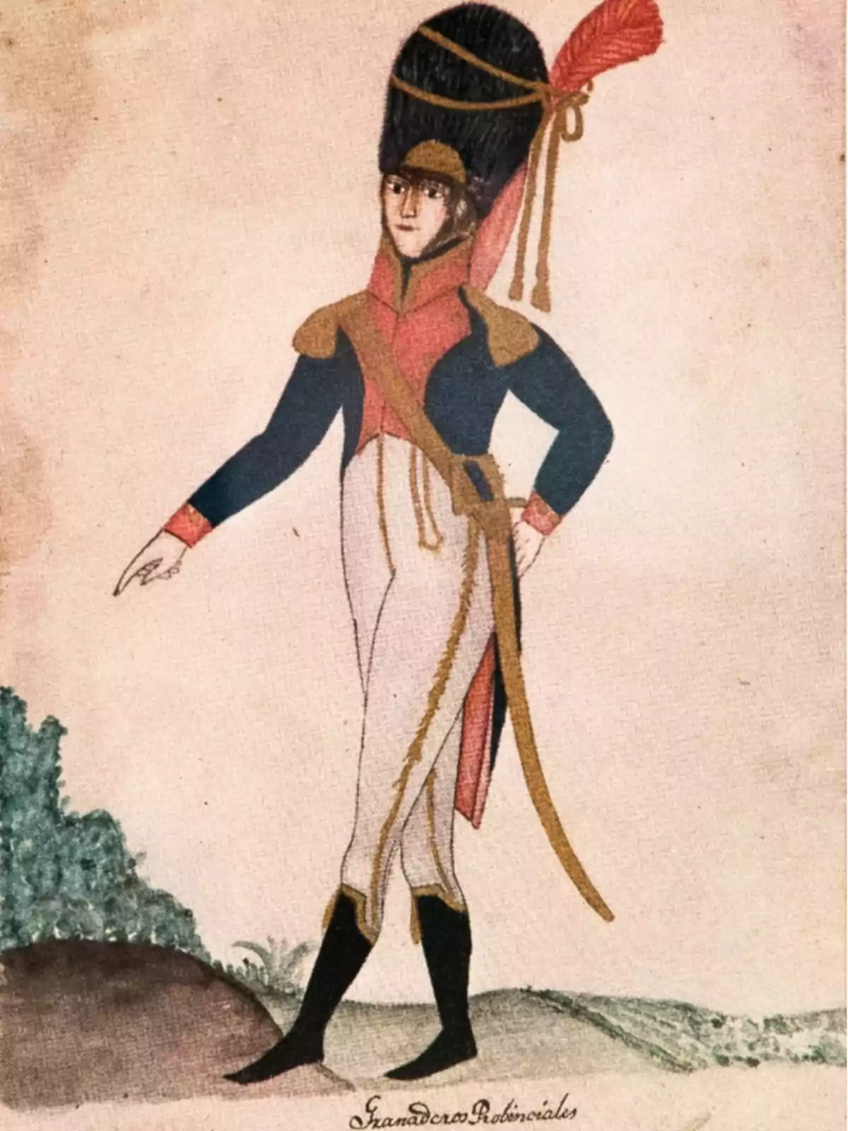 Ilustración de un soldado con uniforme militar antiguo, sombrero alto adornado con una pluma roja, chaqueta azul con detalles dorados y pantalones blancos, de pie sobre un paisaje sencillo Ilustración de un soldado con uniforme militar antiguo, sombrero alto adornado con una pluma roja, chaqueta azul con detalles dorados y pantalones blancos, de pie sobre un paisaje sencillo