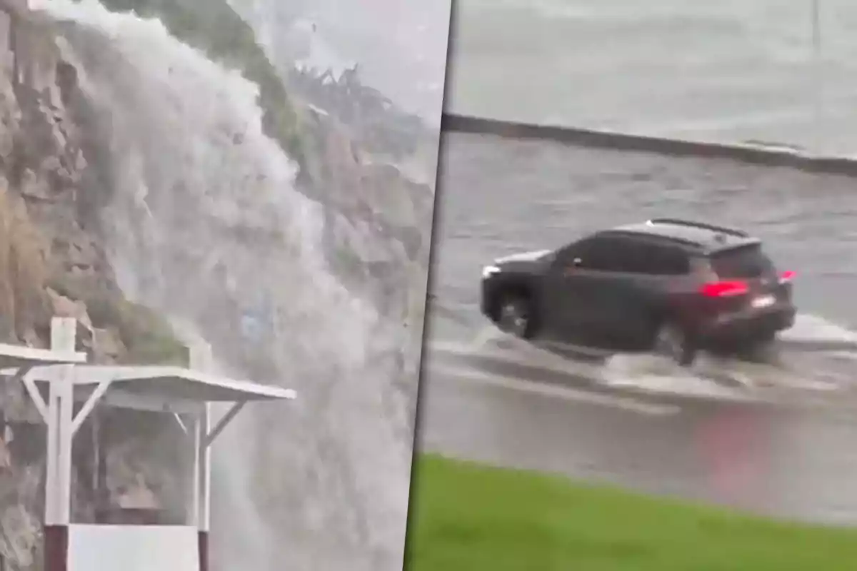 A waterfall cascades down a cliff as a car drives through a flooded road.