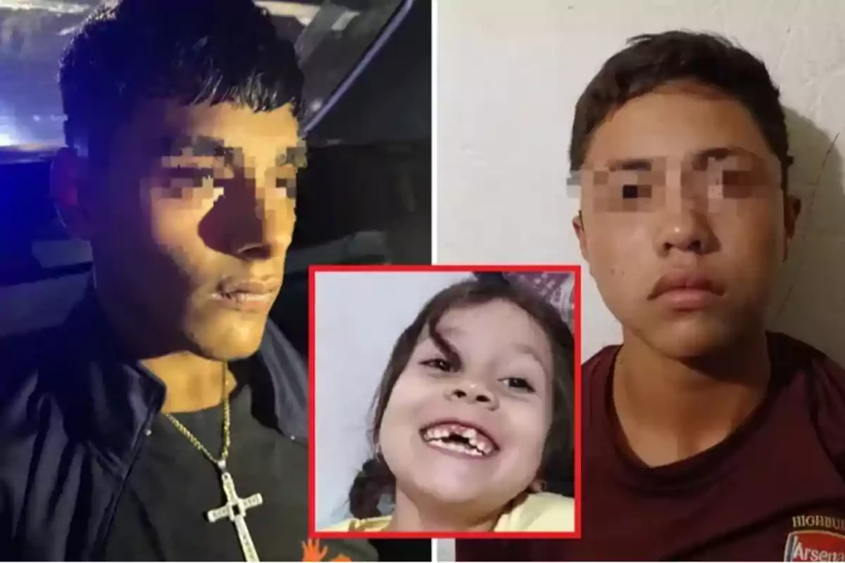 Dos jóvenes con los ojos pixelados y una imagen de una niña sonriente en un recuadro rojo en el centro.