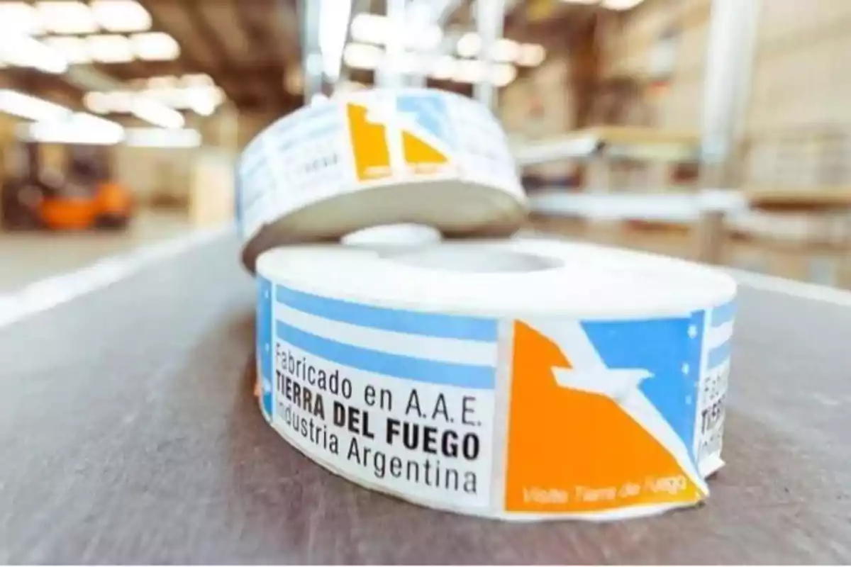 Rollo de etiquetas con diseño de Tierra del Fuego en una fábrica. Rollo de etiquetas con diseño de Tierra del Fuego en una fábrica.