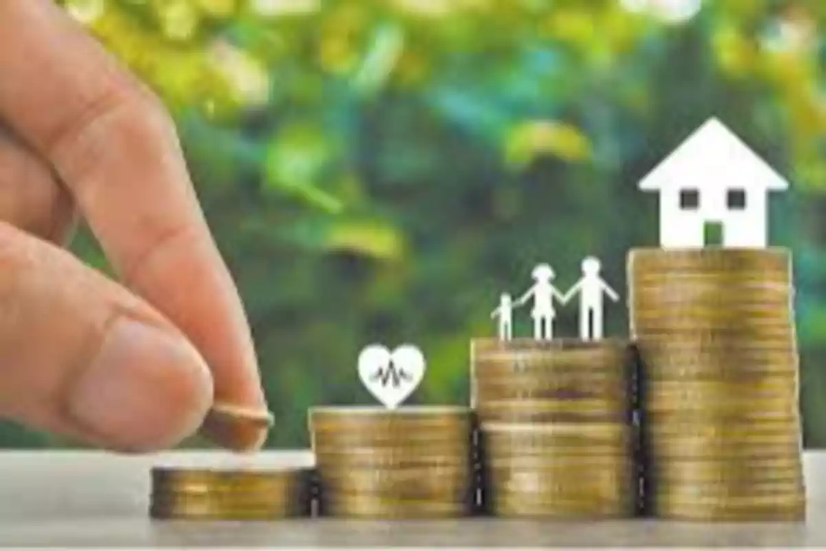 Hand placing a coin on a stack of coins with health, family, and home symbols on taller stacks. Hand placing a coin on a stack of coins with health, family, and home symbols on taller stacks.