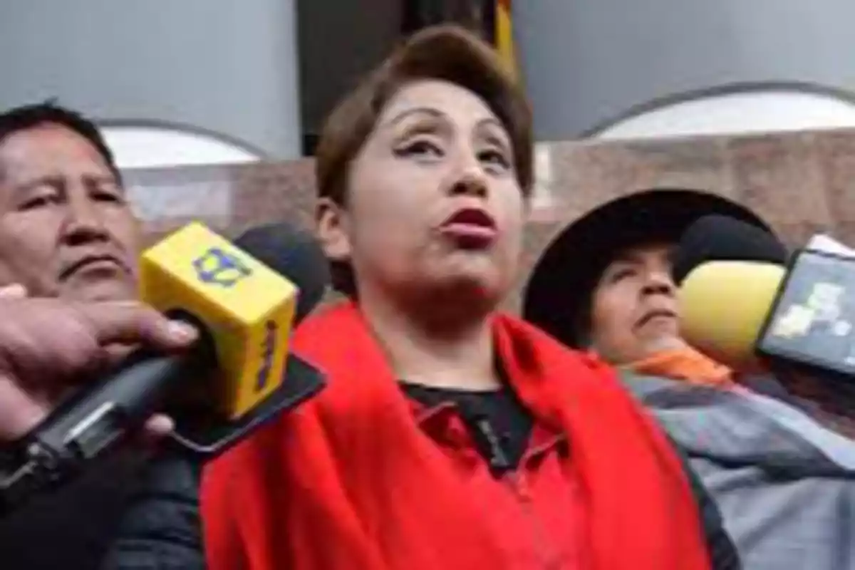 A woman in a red coat speaks in front of several microphones while two people stand behind her in the background. A woman in a red coat speaks in front of several microphones while two people stand behind her in the background.