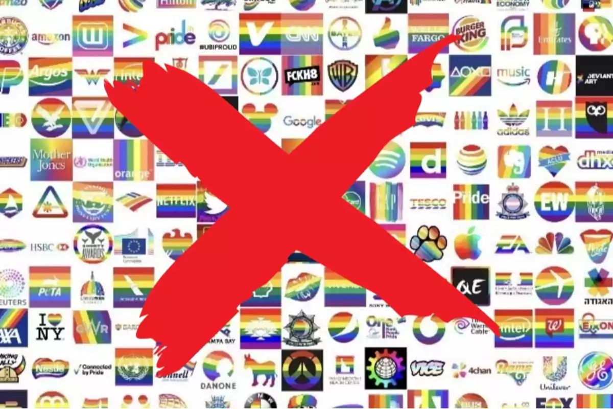 Logos of different brands with rainbow colors and a big red X on top