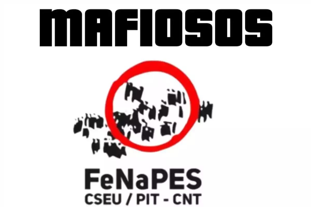 Texto en la parte superior que dice "MAFIOSOS" en letras negras grandes y debajo el logo de FeNaPES CSEU/PIT-CNT con un círculo rojo alrededor.