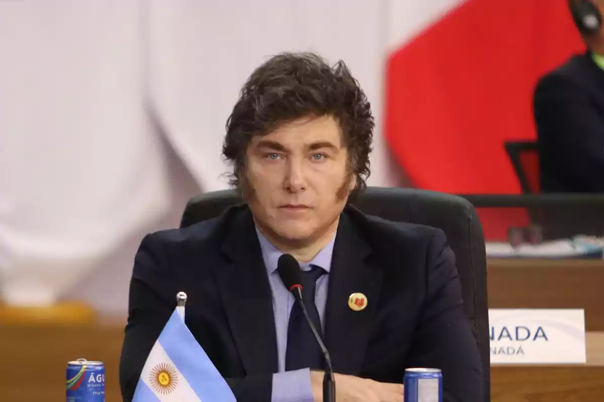 Un hombre con traje oscuro y corbata está sentado en una mesa con un micrófono frente a él y una bandera de Argentina a su lado.