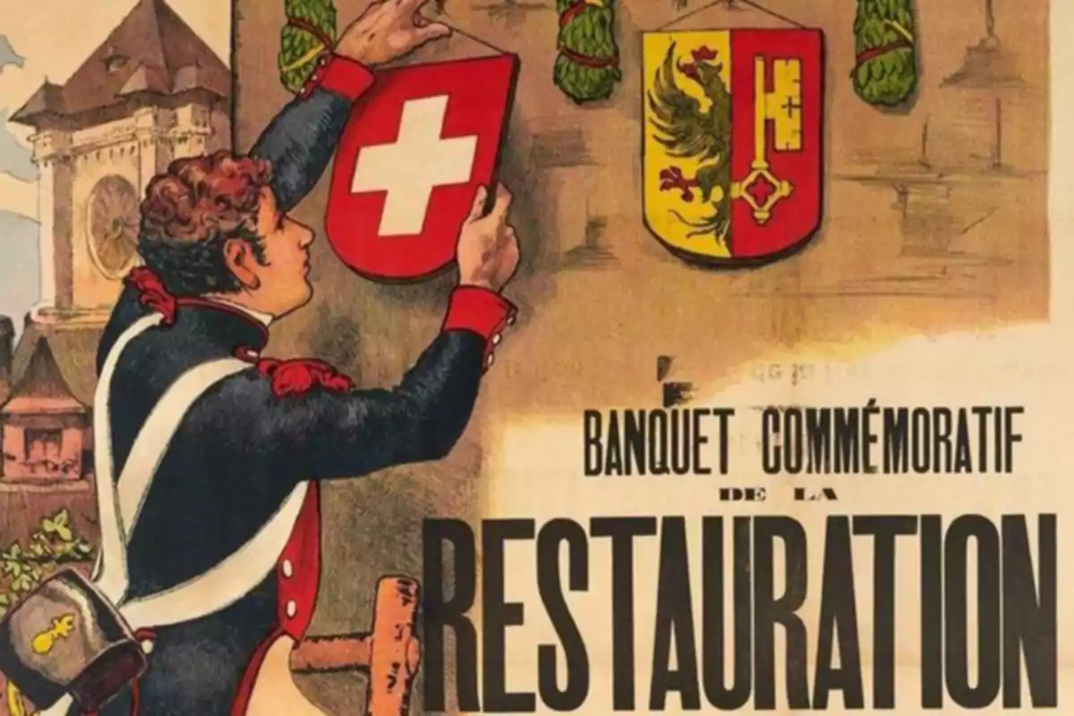 Un soldado coloca un escudo con la cruz suiza junto a otro escudo en una pared, con el texto "Banquet Commémoratif de la Restauration" en la parte inferior.