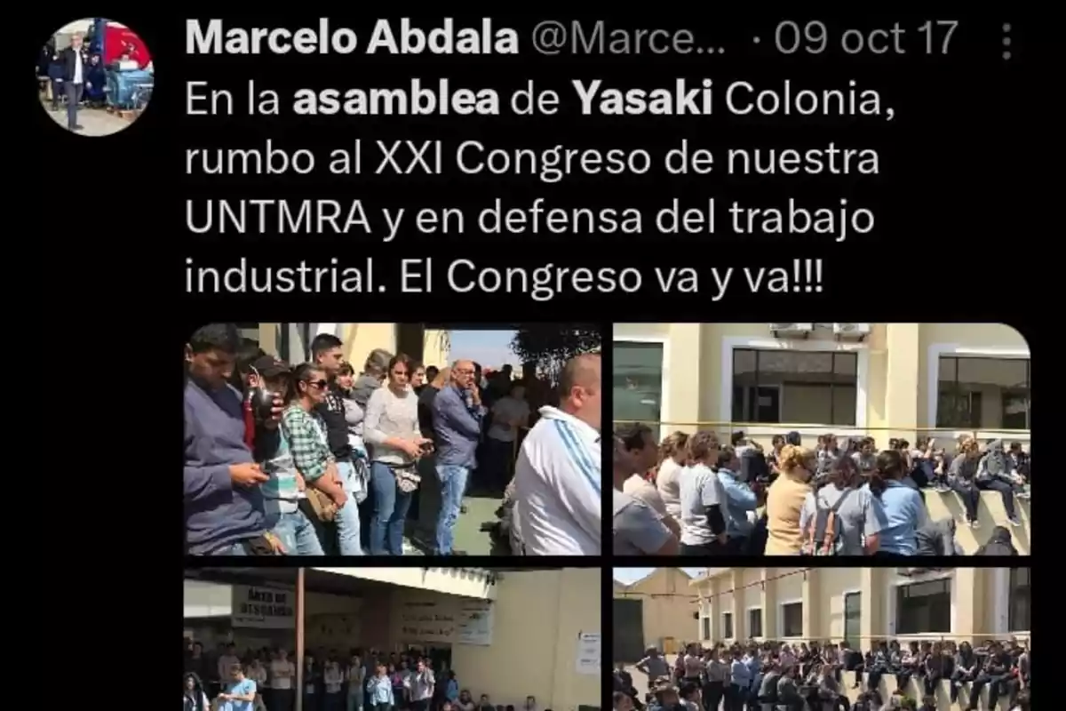 Personas reunidas en una asamblea en Yasaki Colonia, con un mensaje sobre el XXI Congreso de UNTMR y la defensa del trabajo industrial.