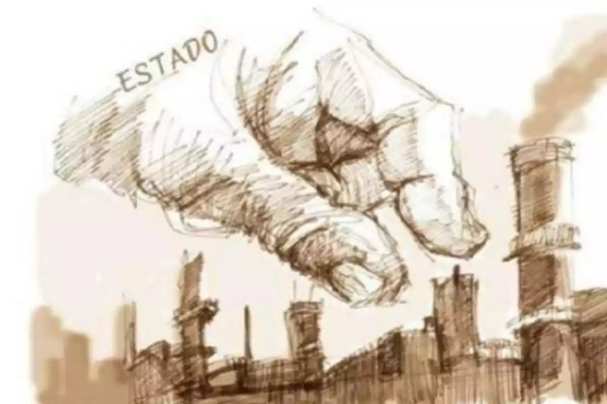 Una mano gigante etiquetada como "Estado" manipula una ciudad industrial con chimeneas humeantes.